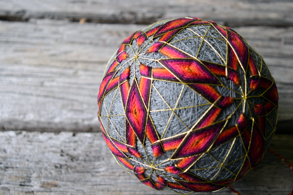 Closeup of japanese temari ball showing metallic threads and sunset colored stars