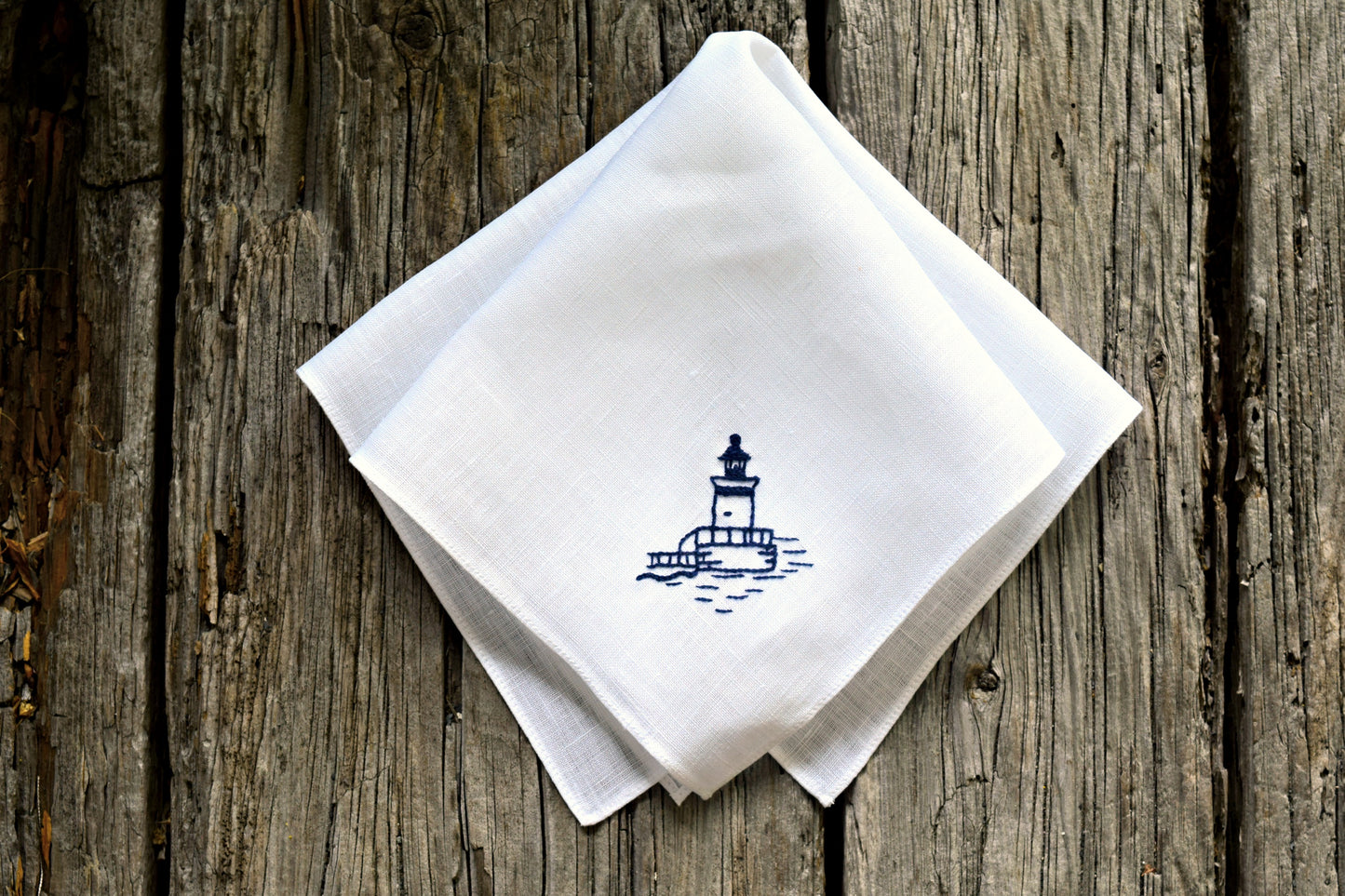 Irish linen handkerchief stitched with Maine lighthouse
