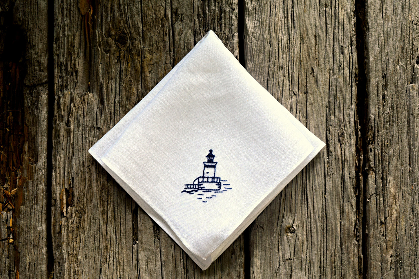 White Irish linen hankie hand embroidered with Bug Light Lighthouse
