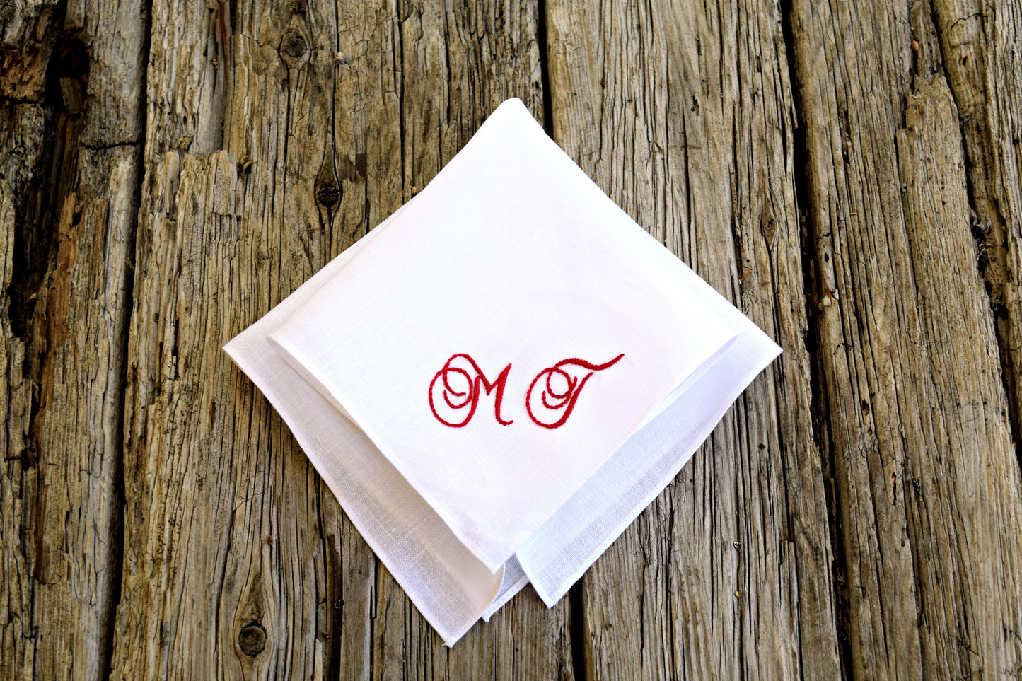 Personalized White Linen Handkerchief with Two Initials : Elegant Scrolls