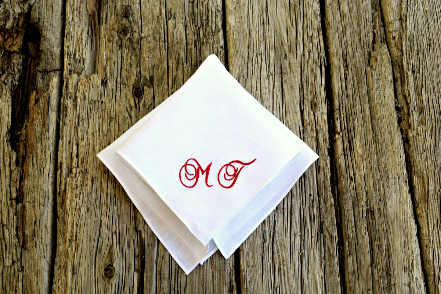 Personalized White Linen Handkerchief with Two Initials : Elegant Scrolls