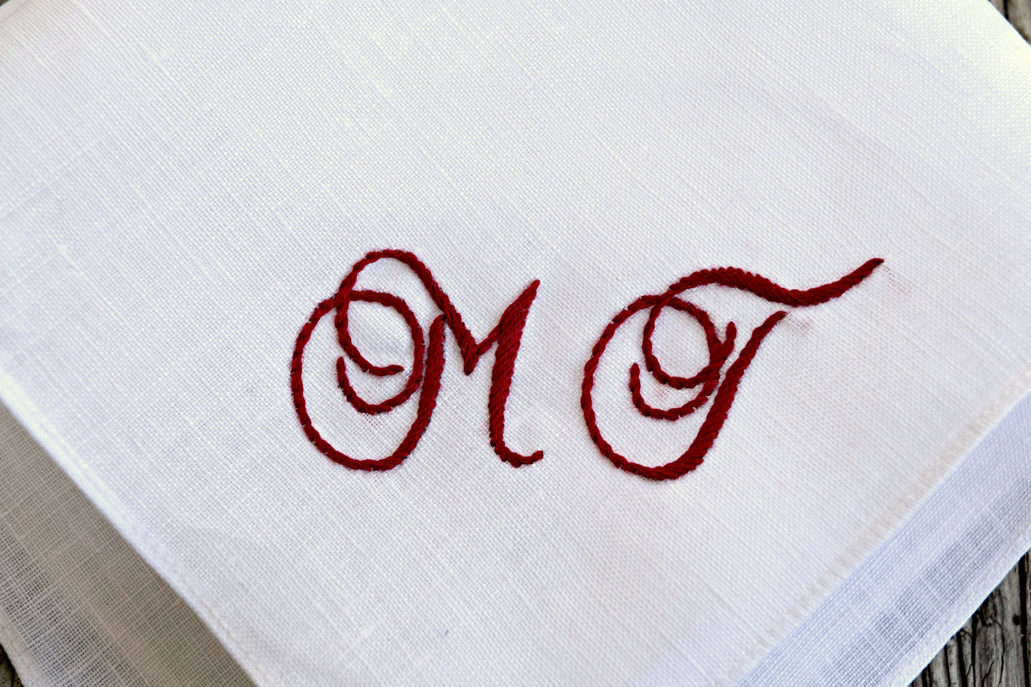 Personalized White Linen Handkerchief with Two Initials : Elegant Scrolls