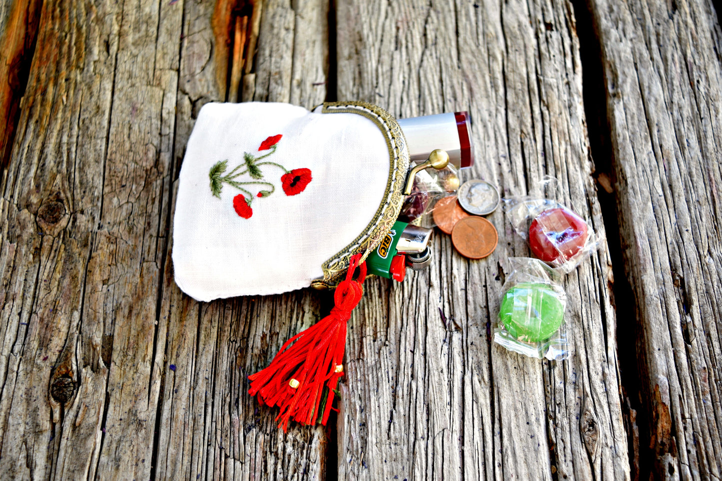 Hand Embroidered Poppy Change Purse with Tassel