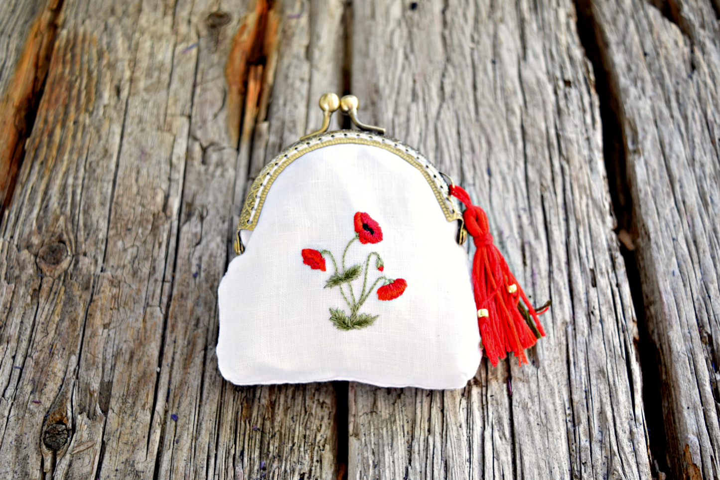 Hand Embroidered Poppy Change Purse with Tassel