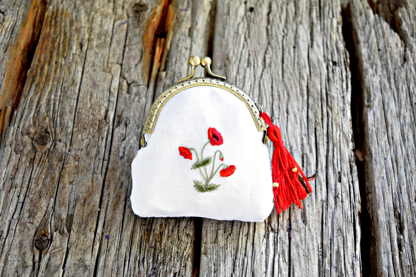 Hand Embroidered Poppy Change Purse with Tassel
