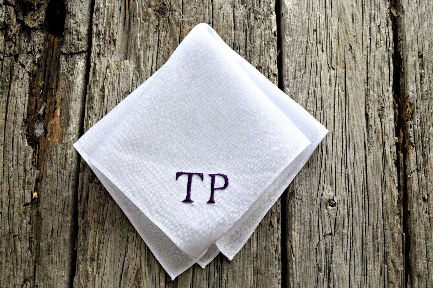 Monogrammed White Linen Pocket Square : Two Initials, Classic Script