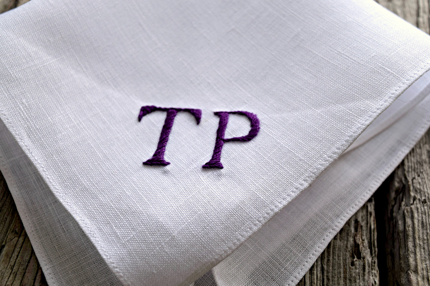 Monogrammed White Linen Pocket Square : Two Initials, Classic Script