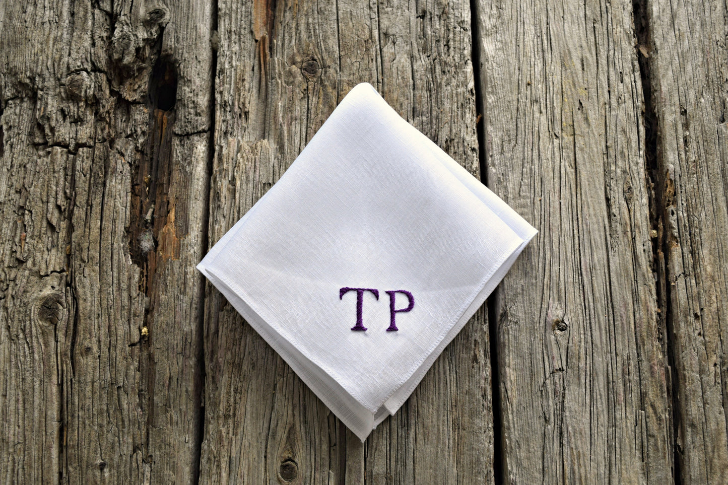Monogrammed White Linen Pocket Square : Two Initials, Classic Script