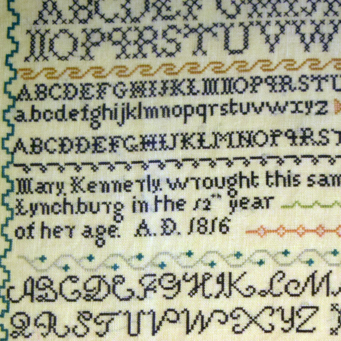 Historical cross stitch sampler originally worked by Mary Kennerly and copied by Diane Soar