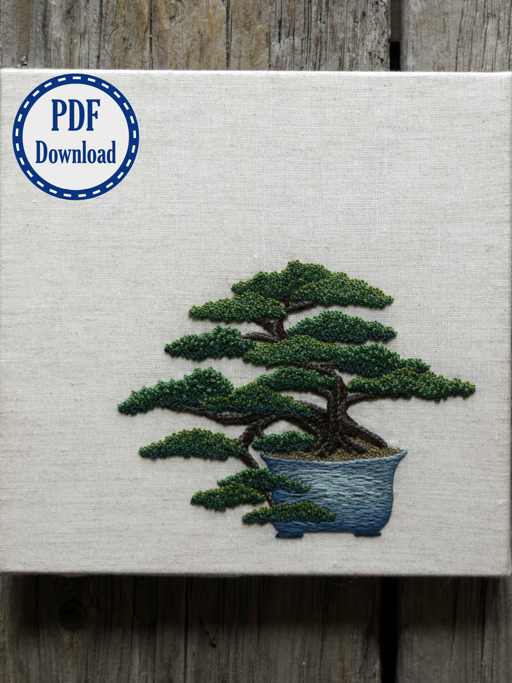 Japanese cascade bonsai embroidery pattern. PDF download badge in corner.