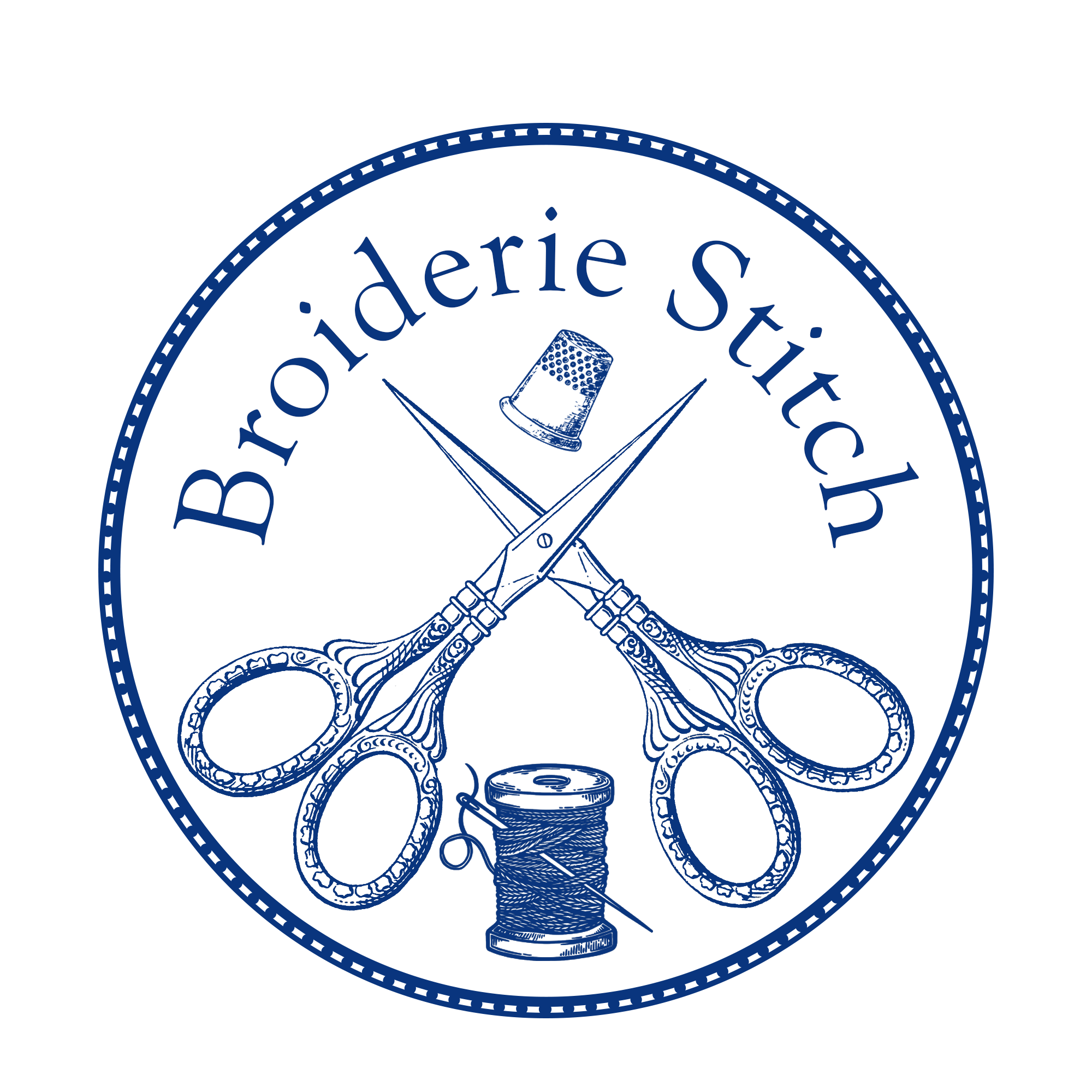 Circular emblem with "Broiderie Stitch" surmounting crossed embroidery scissors with spool of thread and thimble, in blue frame on white