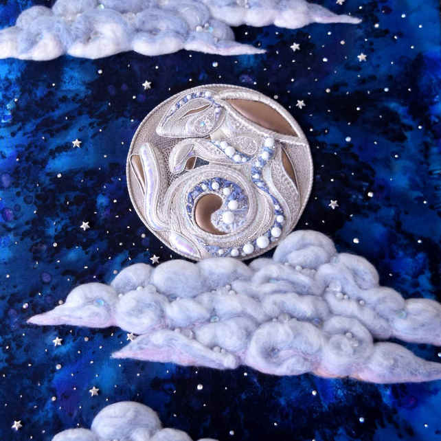 "Moon Rabbit" hand embroidered in metal threads and silk with beads and fluffy dimensional clouds on handpainted silk ground spangled with tiny stars