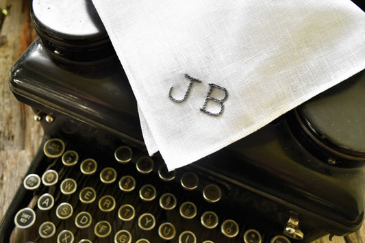 Monogrammed White Linen Pocket Square with Two Initials : Typewriter