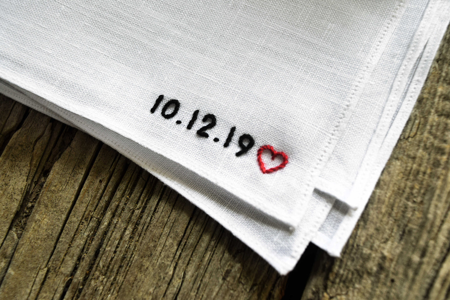 Wedding Date And Heart Hand Stitched Linen Handkerchief : Bottom Corner