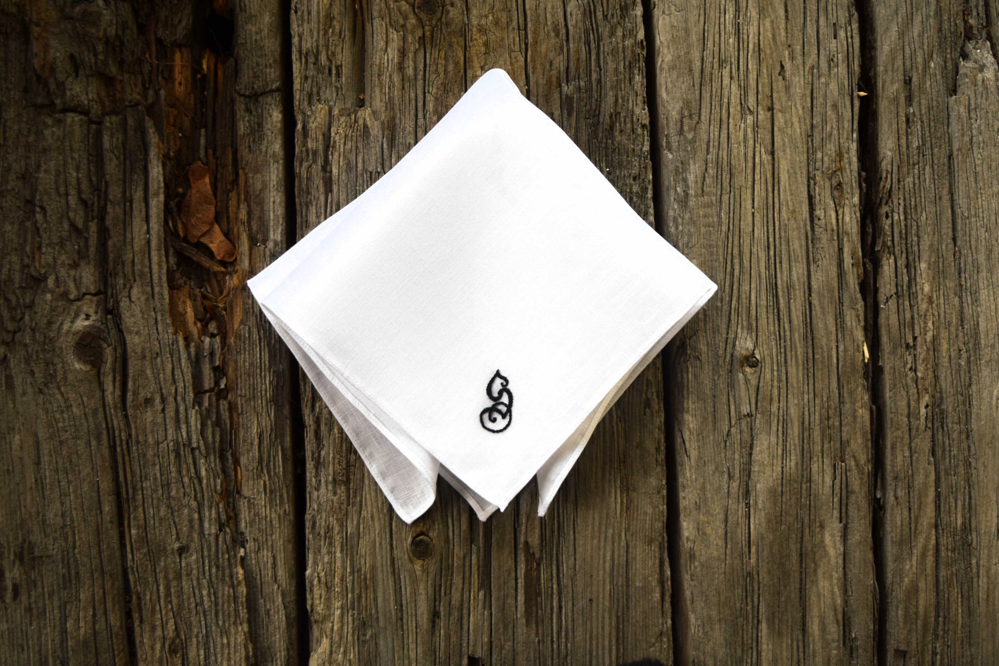 white irish linen hanky with gothic monogram