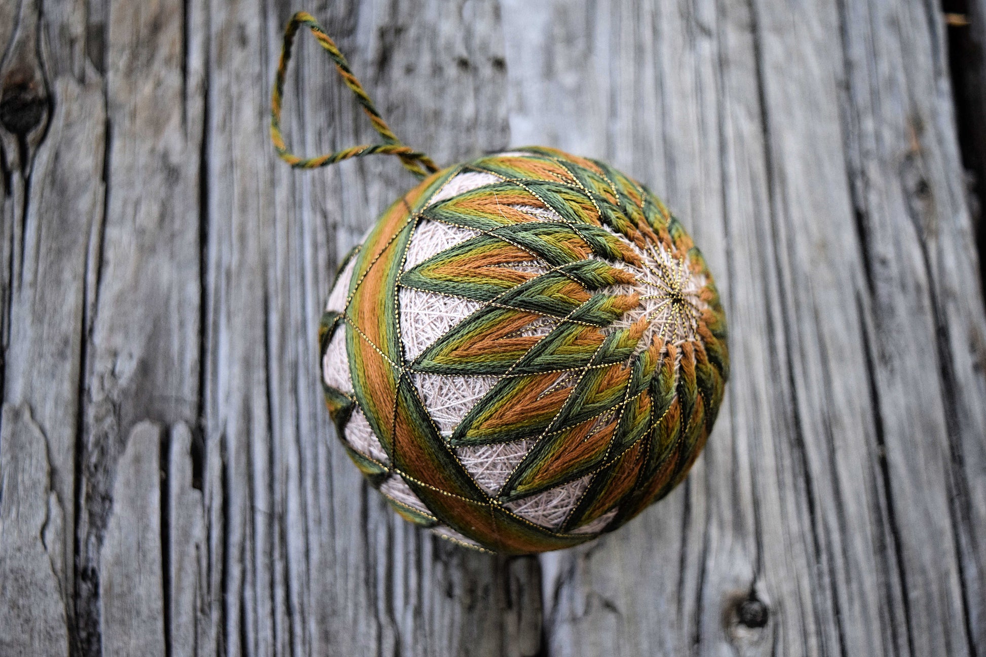 Japanese temari worked in Art Deco tones of green and bronze