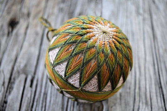 Japanese embroidered temari ball in olive tones