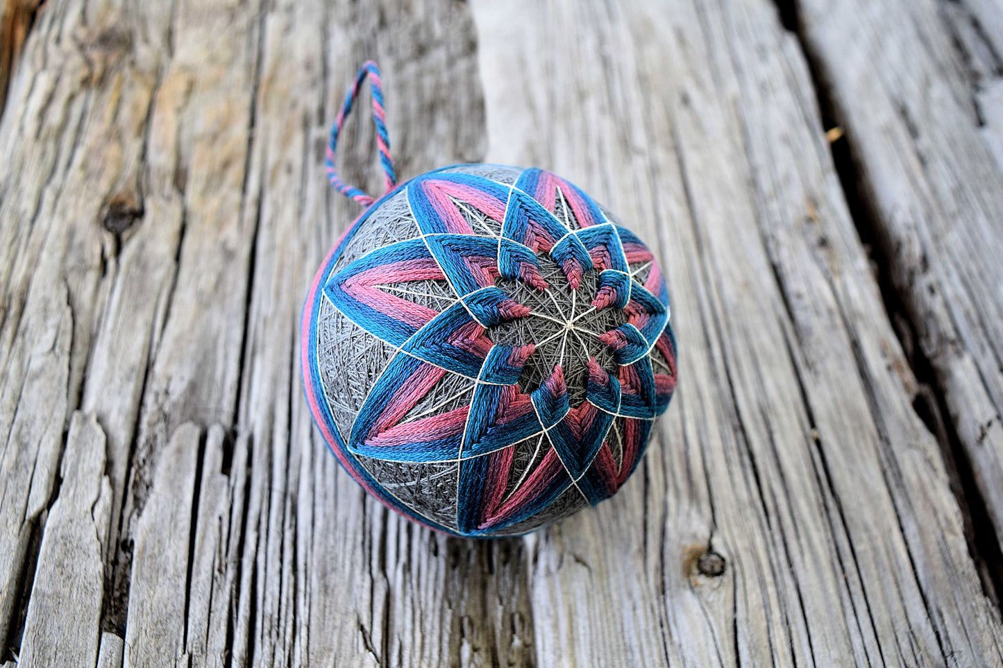 Kiku temari ball in cotton candy colors on grey base