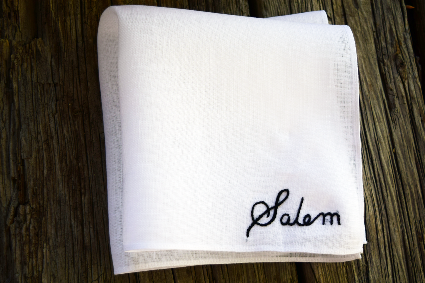 Hand embroidered pocket square with name 'Salem' hand embroidered in cursive