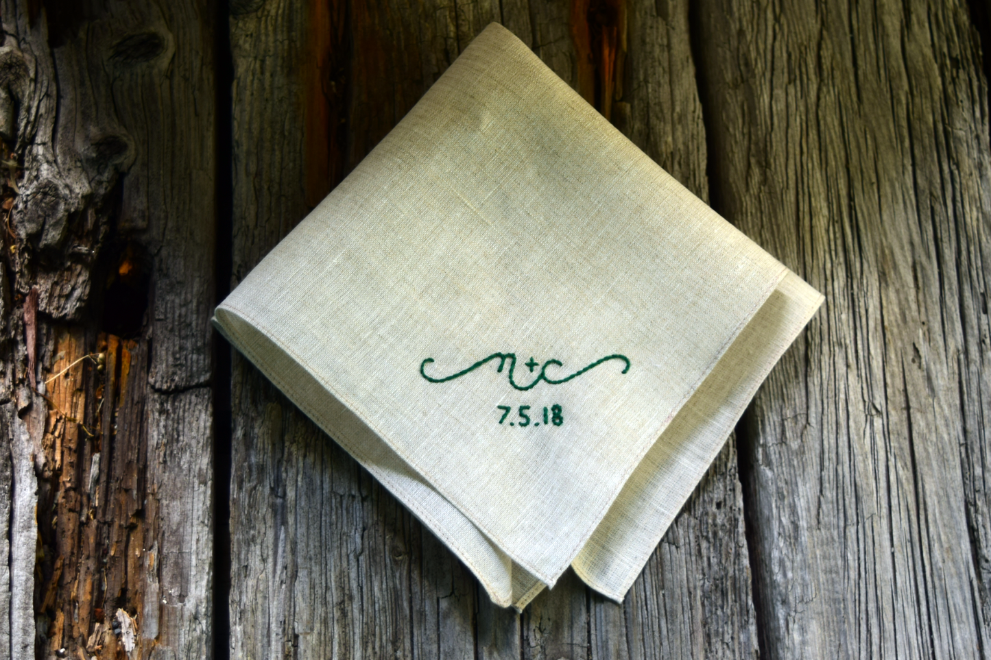 Oatmeal linen pocket square with initials and date