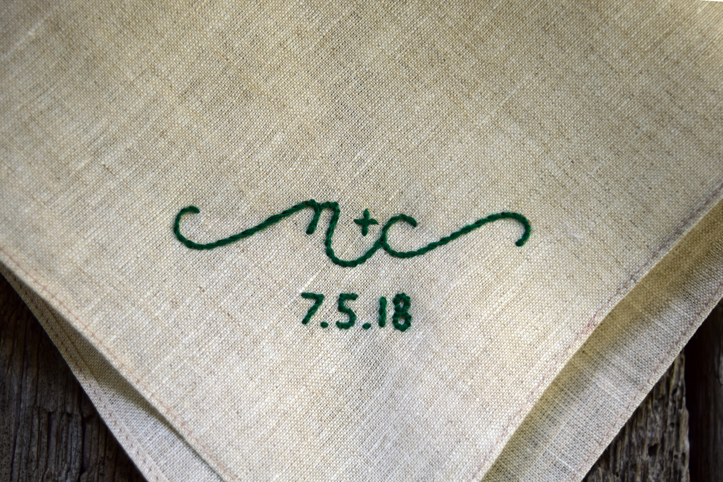 Close up of hand embroidered sweetheart handkerchief in emerald green.