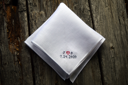 White Irish linen handkerchief hand embroidered with 'J (heart) D, 7.24.2020' in one corner, in red and grey