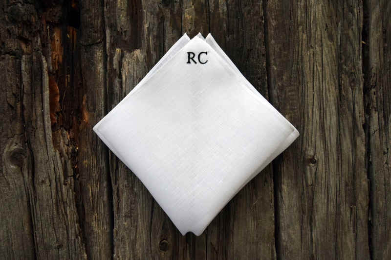 White linen  pocket square with RC hand embroidered in one corner in black