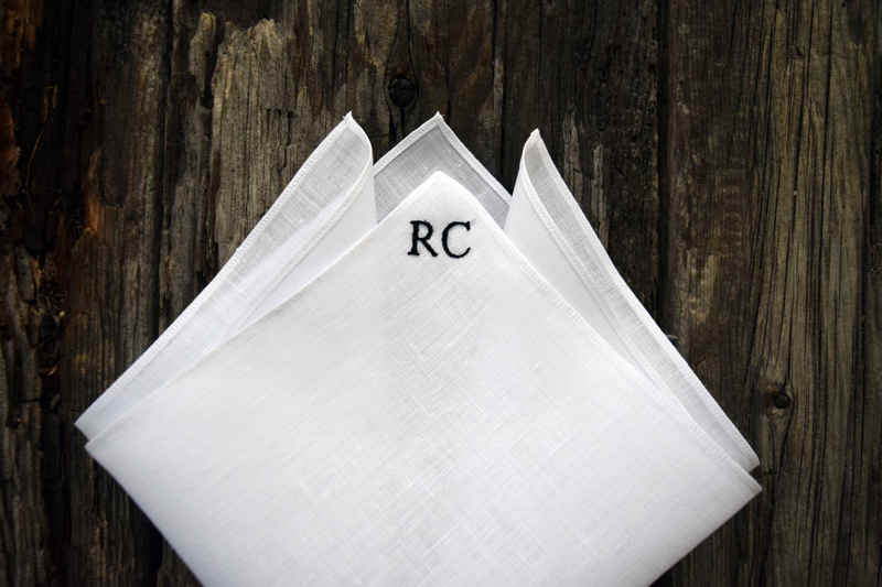 White Irish linen pocket square with monogram initials in one corner