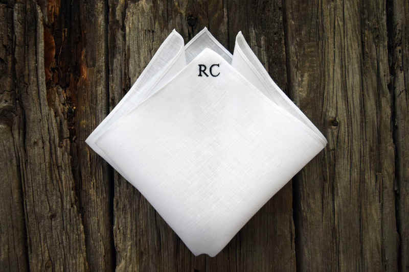 White Irish linen pocket square with black monogram initials RC in one corner