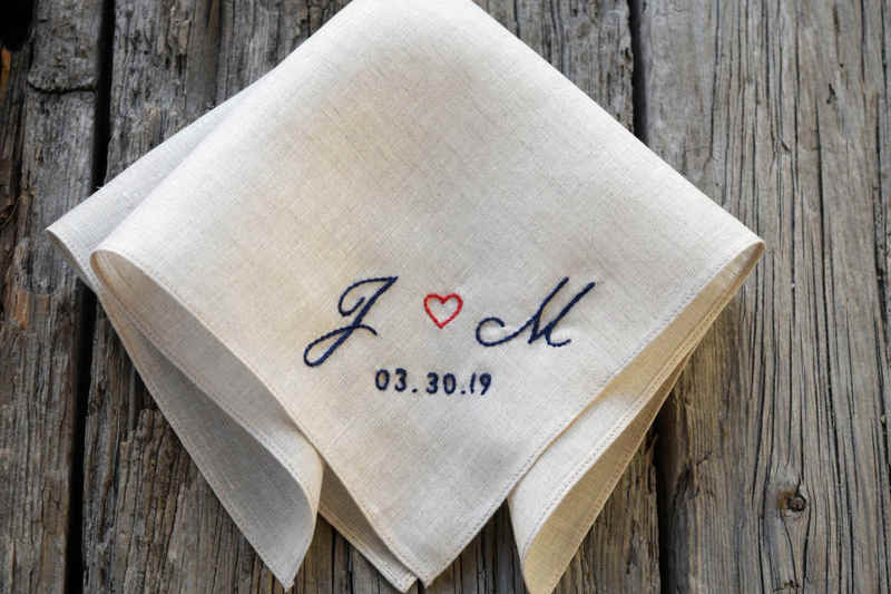 Irish linen handkerchief, oatmeal color, hand embroidered with J (heart) M 03.30.19 in navy with the heart in red
