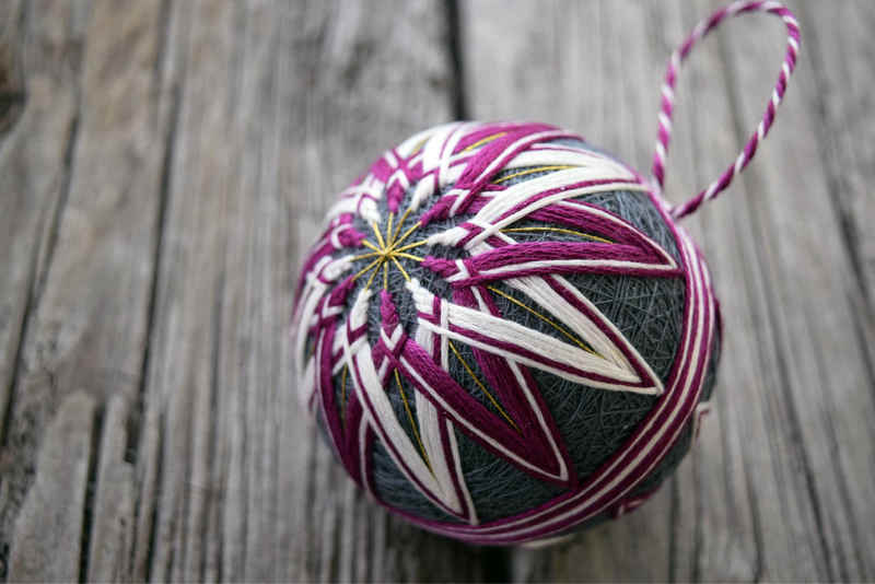 Closeup of Japanese temari ball embroidered with counterchange pattern in purple and white