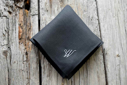 Black Irish linen handkerchief with grey letter W in script in one corner