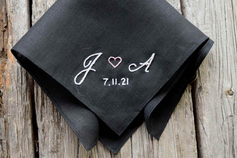 Black linen pocket square hand embroidered with two initials, date, and heart