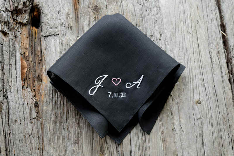 Black linen hankie with wedding monogram and heart
