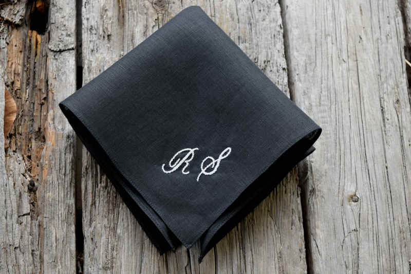 Black Irish linen handkerchief with two white letters in script