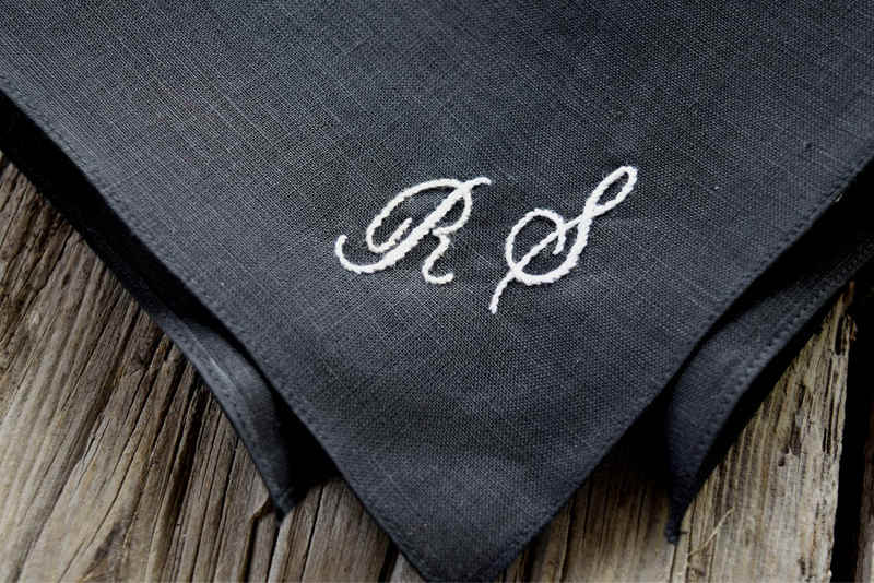 Black linen hankie with RS hand embroidered in one corner, in white
