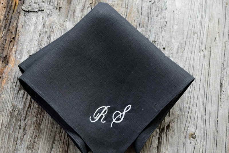 Black linen hanky with monogrammed initials RS in white script