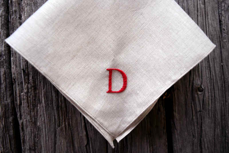 Unbleached linen pocket square embroidered with classic letter D in red
