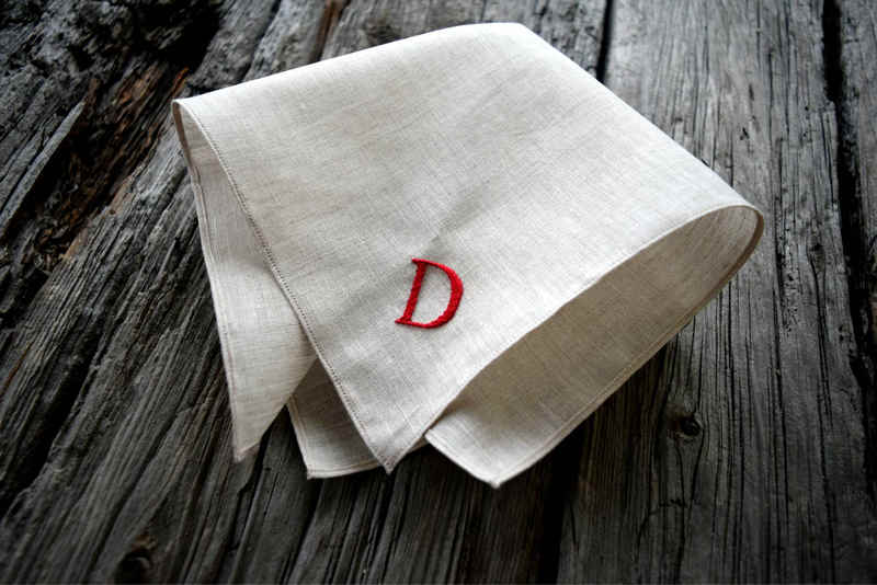 Oatmeal linen hankie hand embroidered with a red letter D
