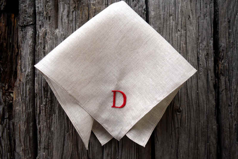 Oatmeal linen handkerchief embroidered with classic letter D in red