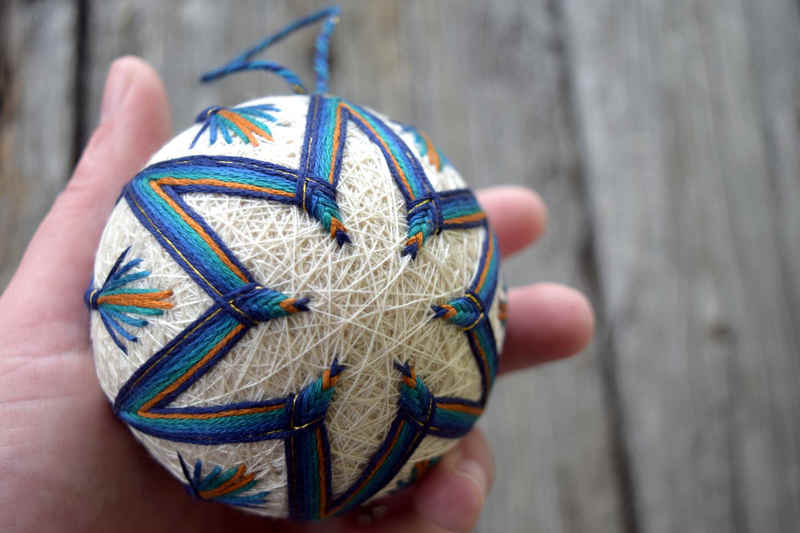 Hand holding temari ball 'Peacock'; large open star design is visible in blues and teals and bundles of straight stitches around obi of temari are visible at edges.