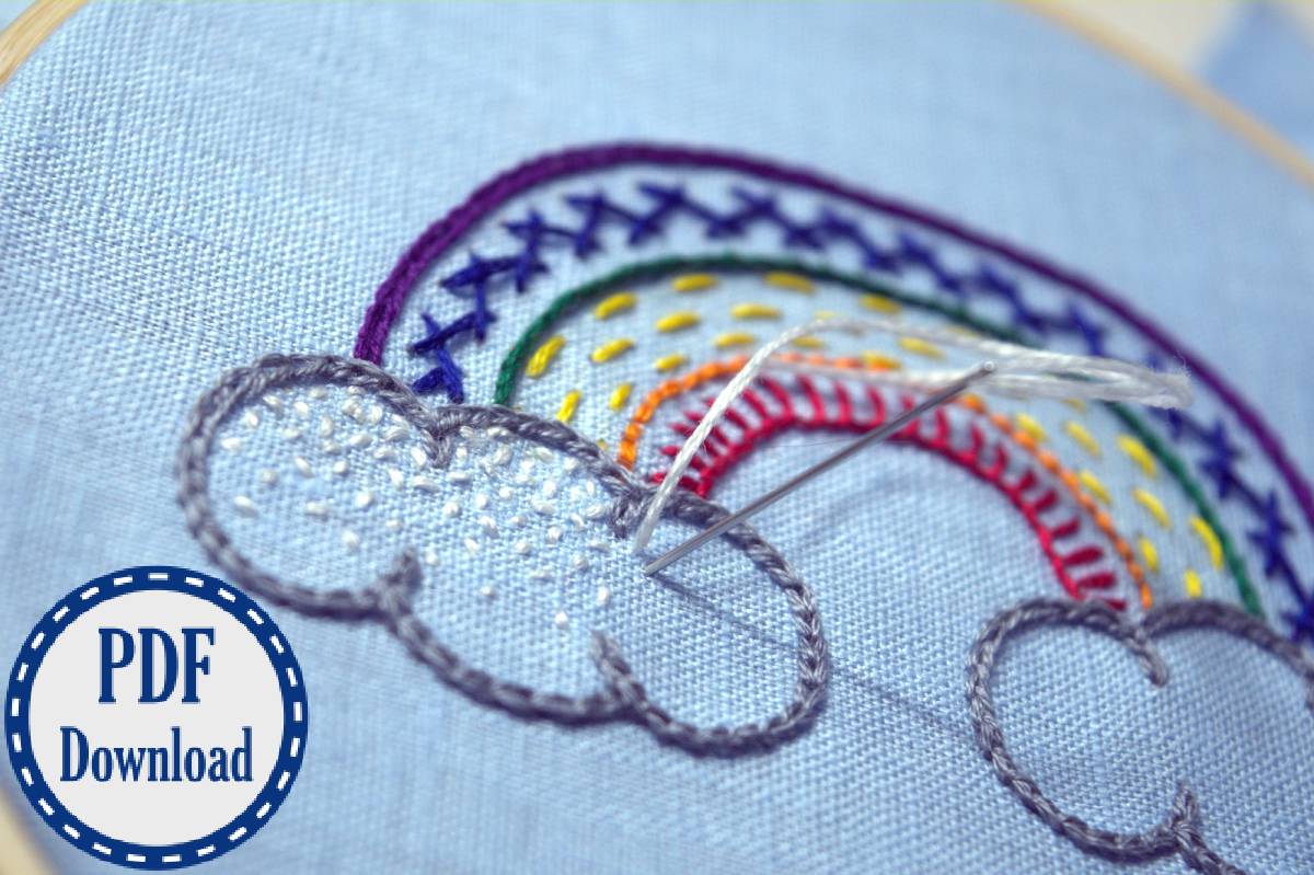Close up of hand embroidered rainbow design showing cloud stitches in progress