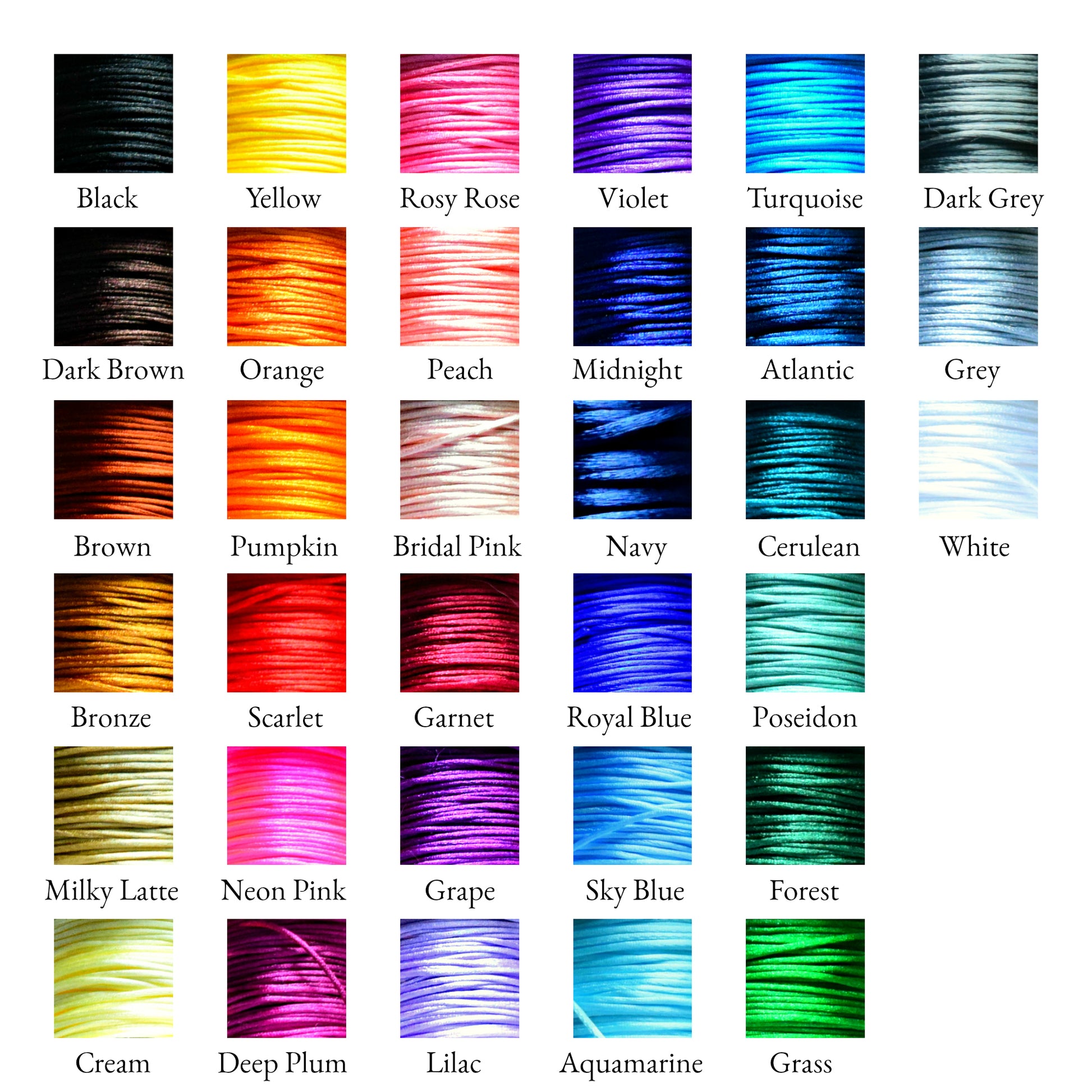 Color card showing 33 options of satin border cord
