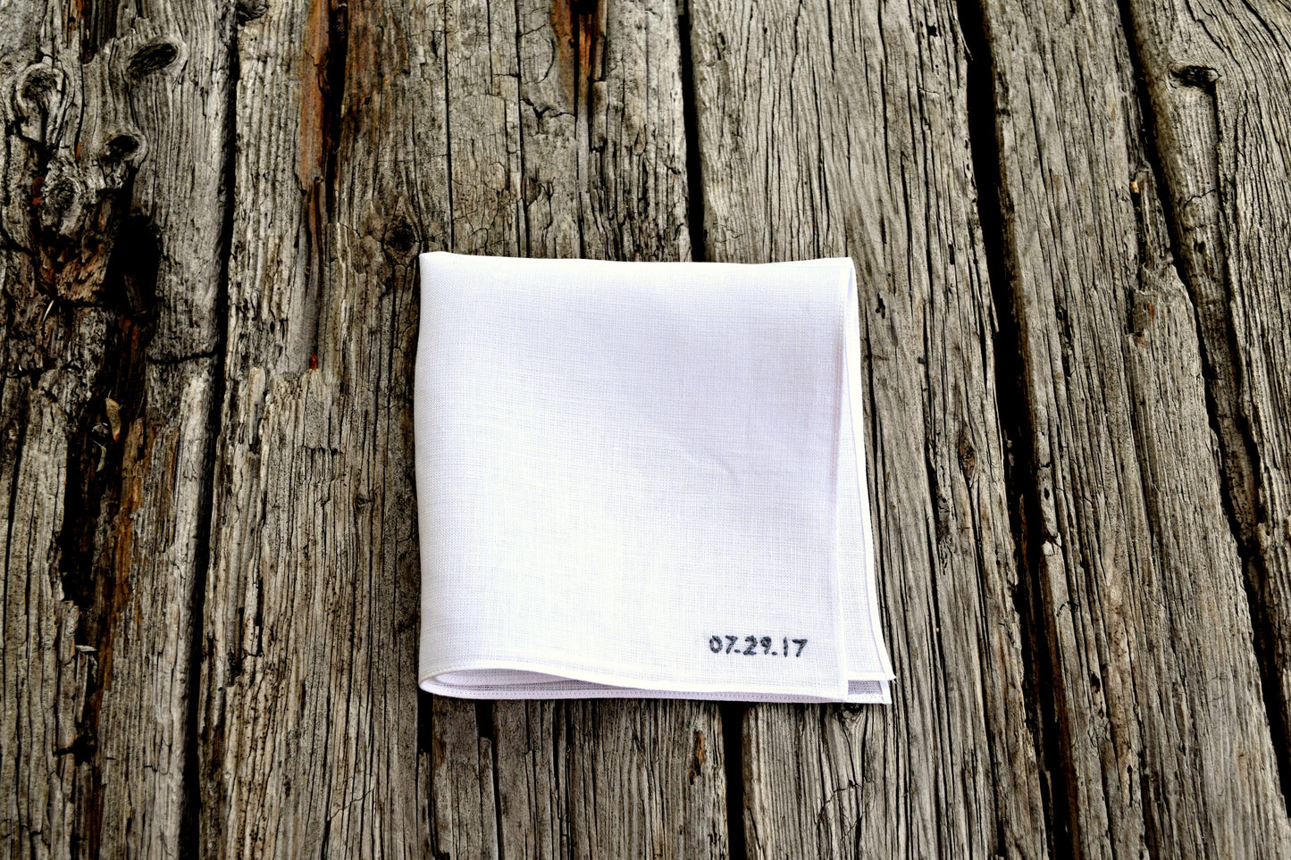 Wedding Date Hand Stitched Linen Handkerchief : Bottom Corner