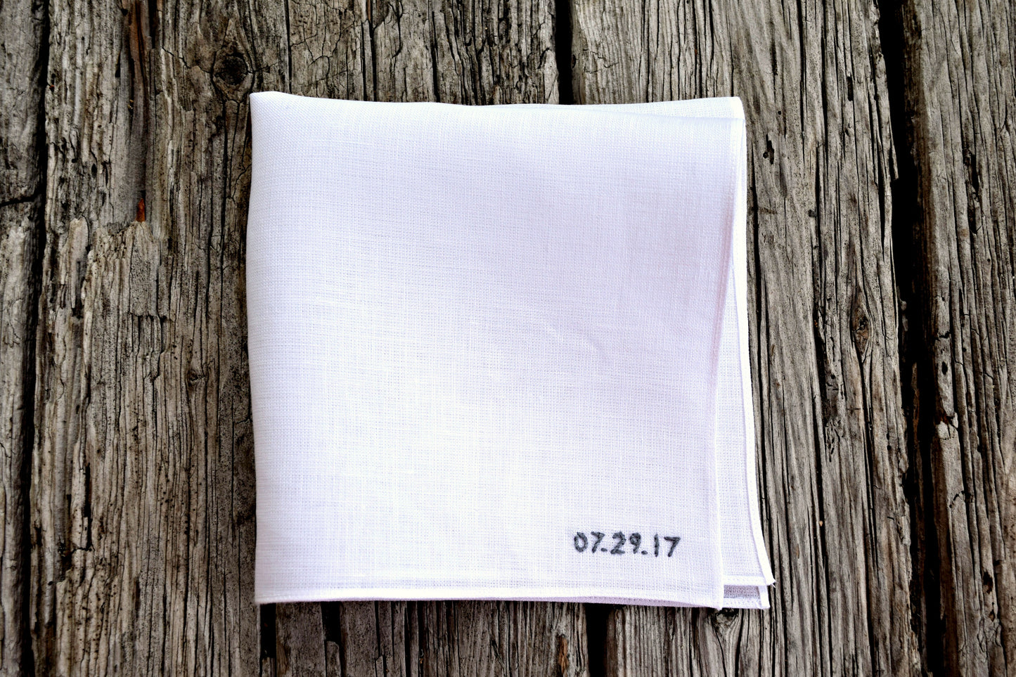 Wedding Date Hand Stitched Linen Handkerchief : Bottom Corner