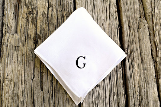 White Irish Linen Pocket Square : One Initial, Classic Script