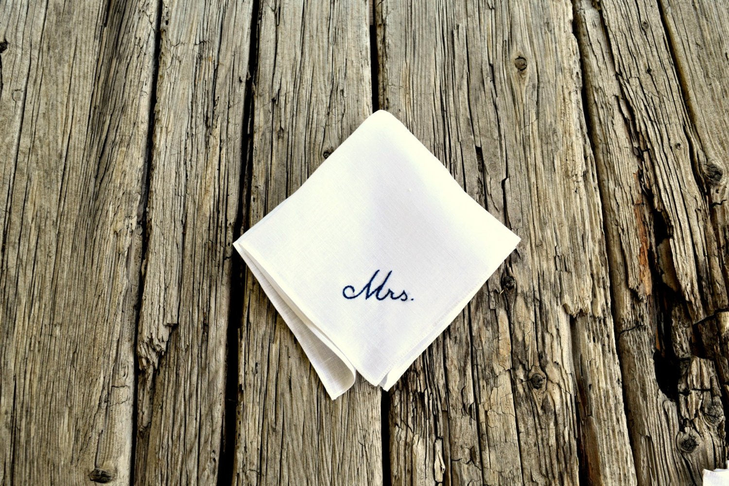 Wedding day handkerchief hand embroidered with Mrs. in black on white linen