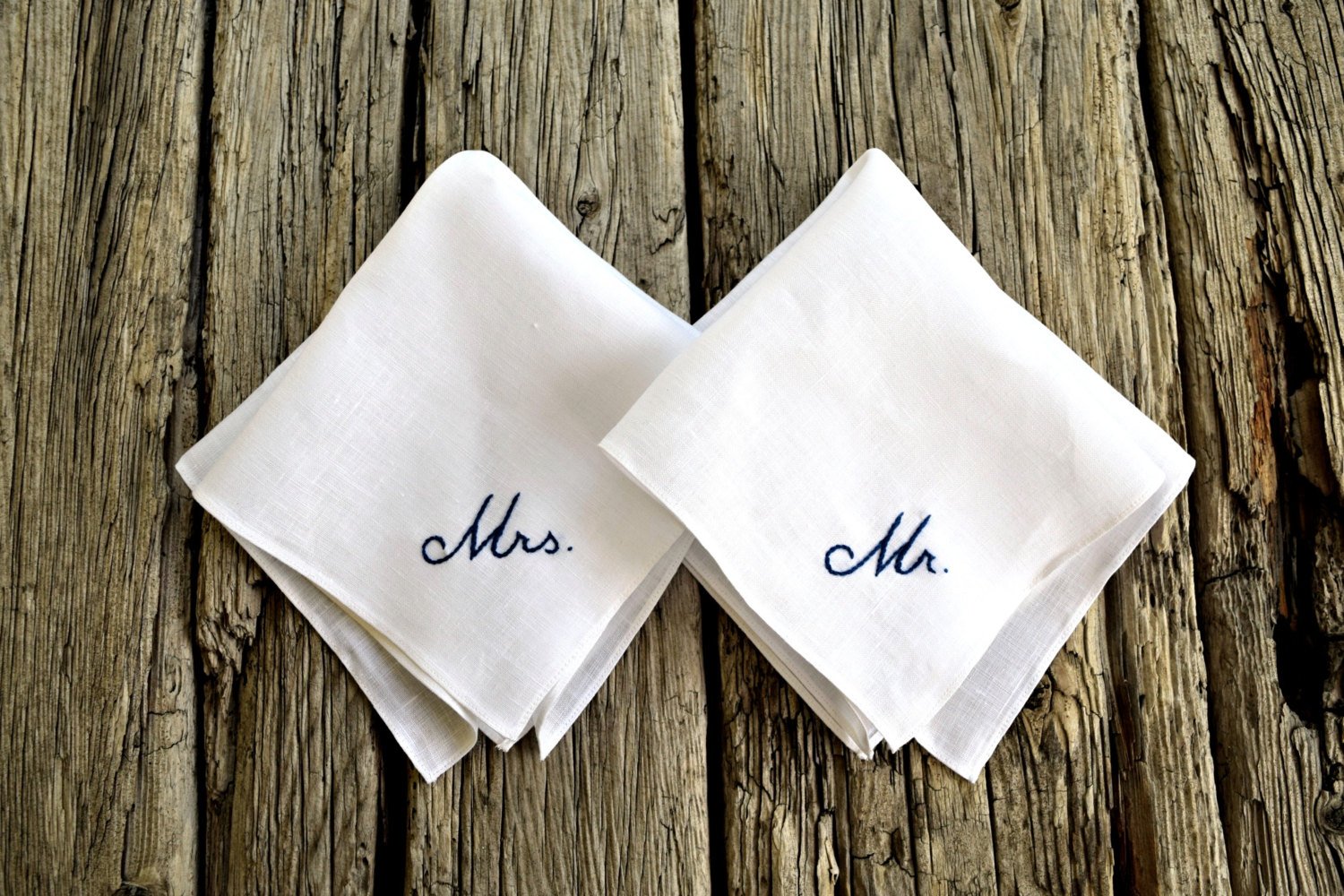 Pair of white linen handkerchiefs - one embroidered Mrs. and one with Mr. 