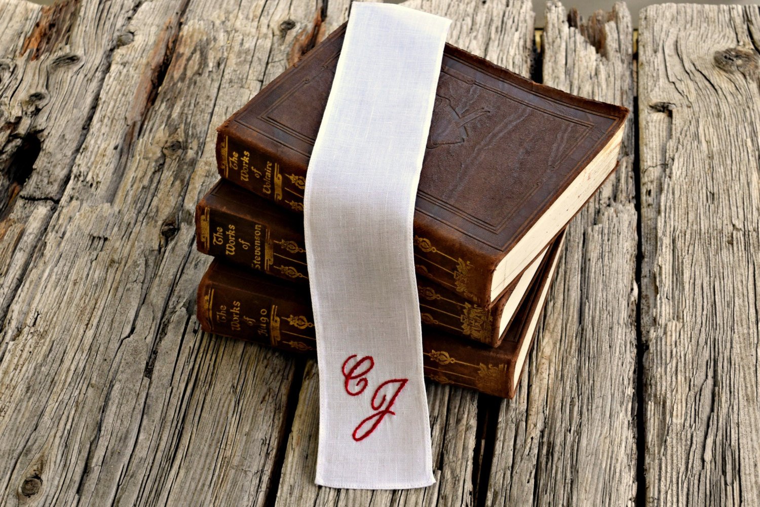 Irish linen fabric bookmark hand embroidered with two initials