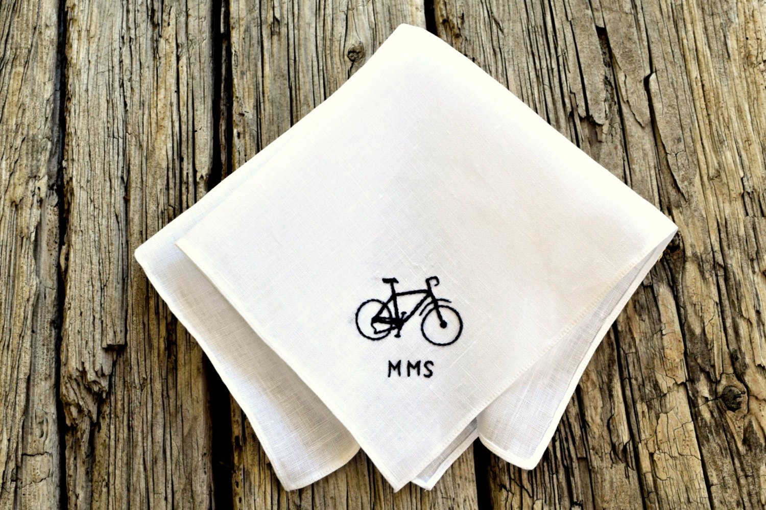 White linen pocket square hand embroidered with bicycle